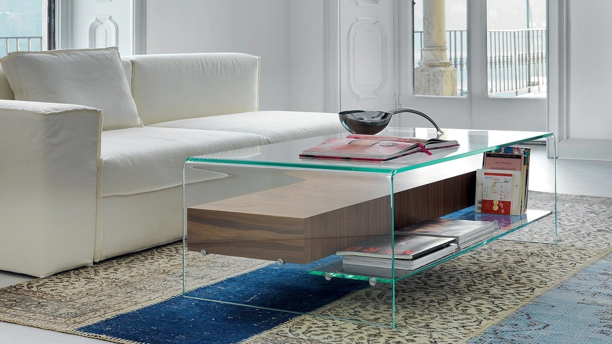 Tavolino Bridge with drawer and shelf in vetro curvato trasparente e cassettiera in Noce di Sovet