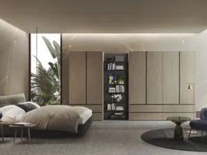 Armadio Ante Battenti 10 in finitura rovere argilla con colonna libreria di Morassutti