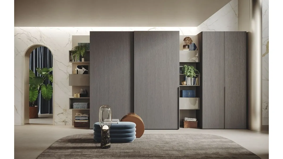 Armadio Ante Scorrevoli 08 in rovere fumo con elementi Free e contenitori Live di Morassutti