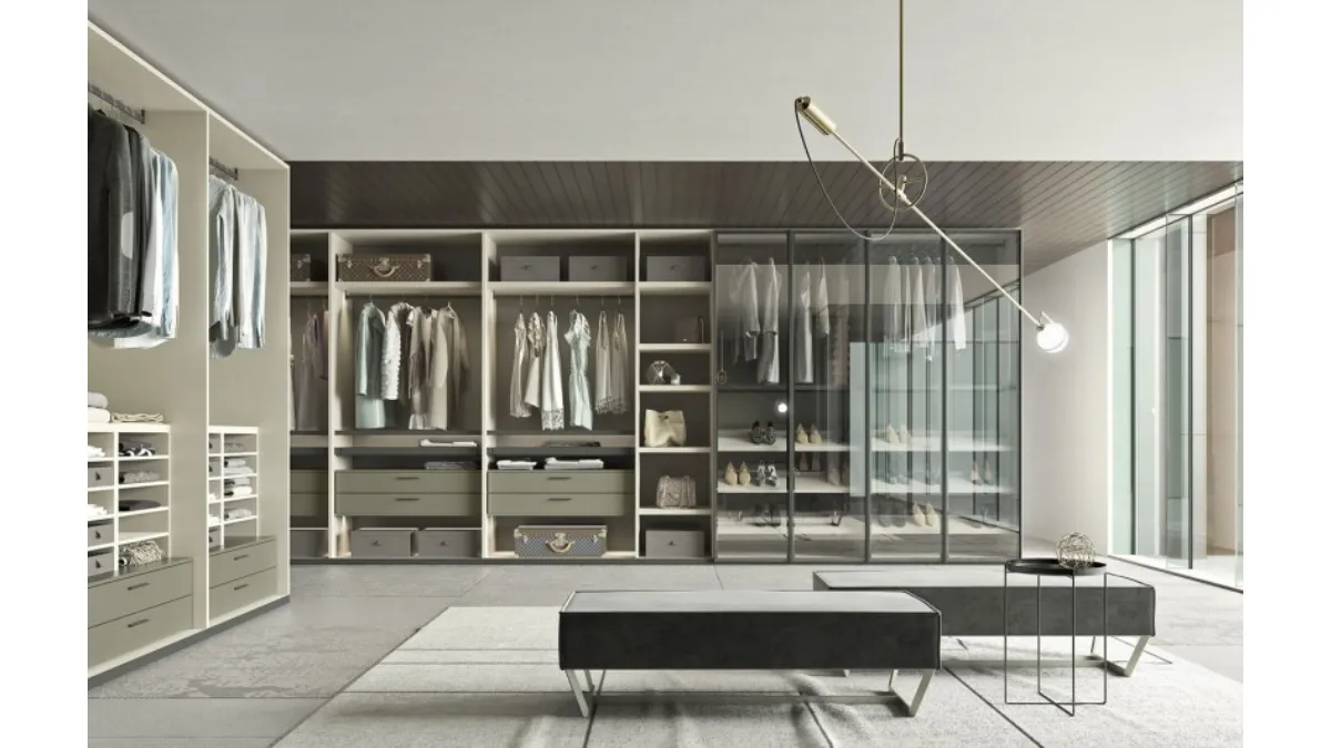 Cabina armadio di design First Plus in legno e vetro trasparente di Ballancin