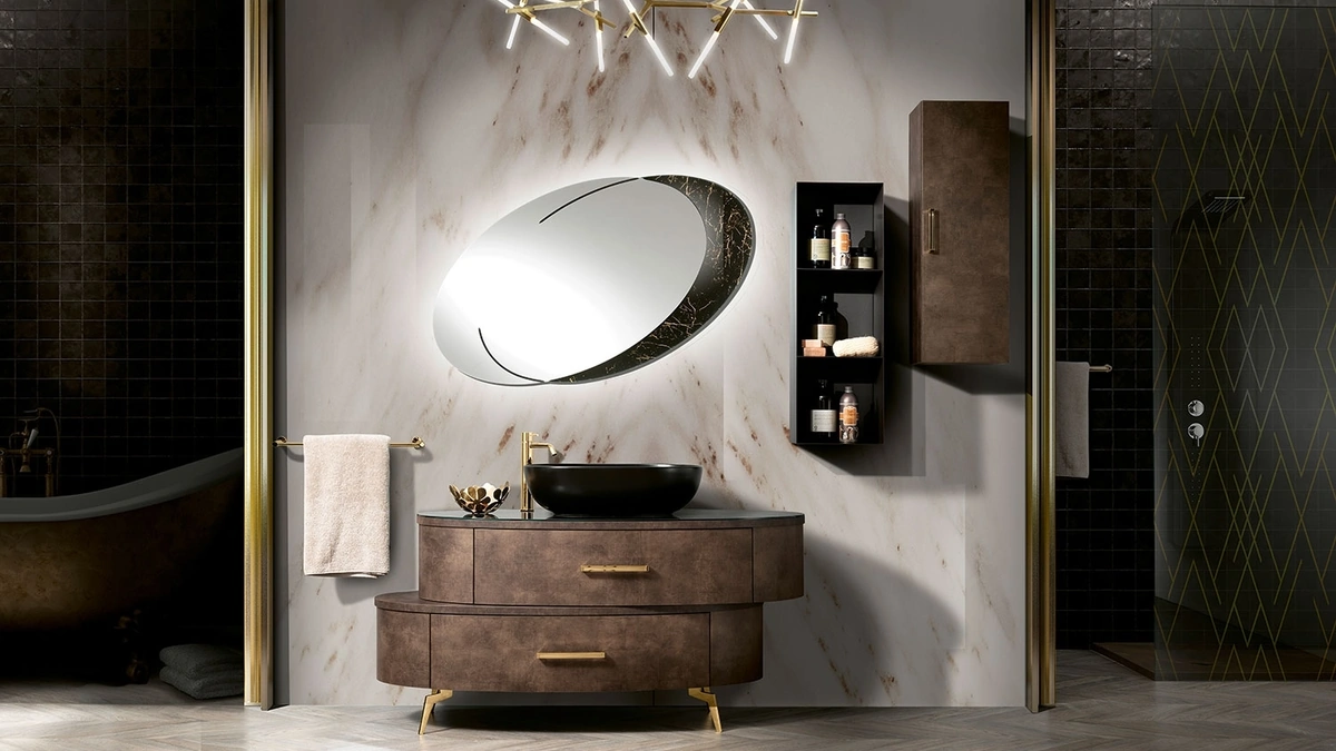 Mobile da Bagno con finitura effetto pelle, piedini e maniglie in metallo e top in vetro effetto marmo Incanto di Mobil Più