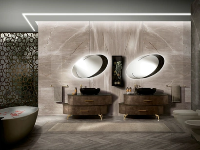 Mobile da Bagno con finitura effetto pelle, piedini e maniglie in metallo e top in vetro effetto marmo Incanto di Mobil Più