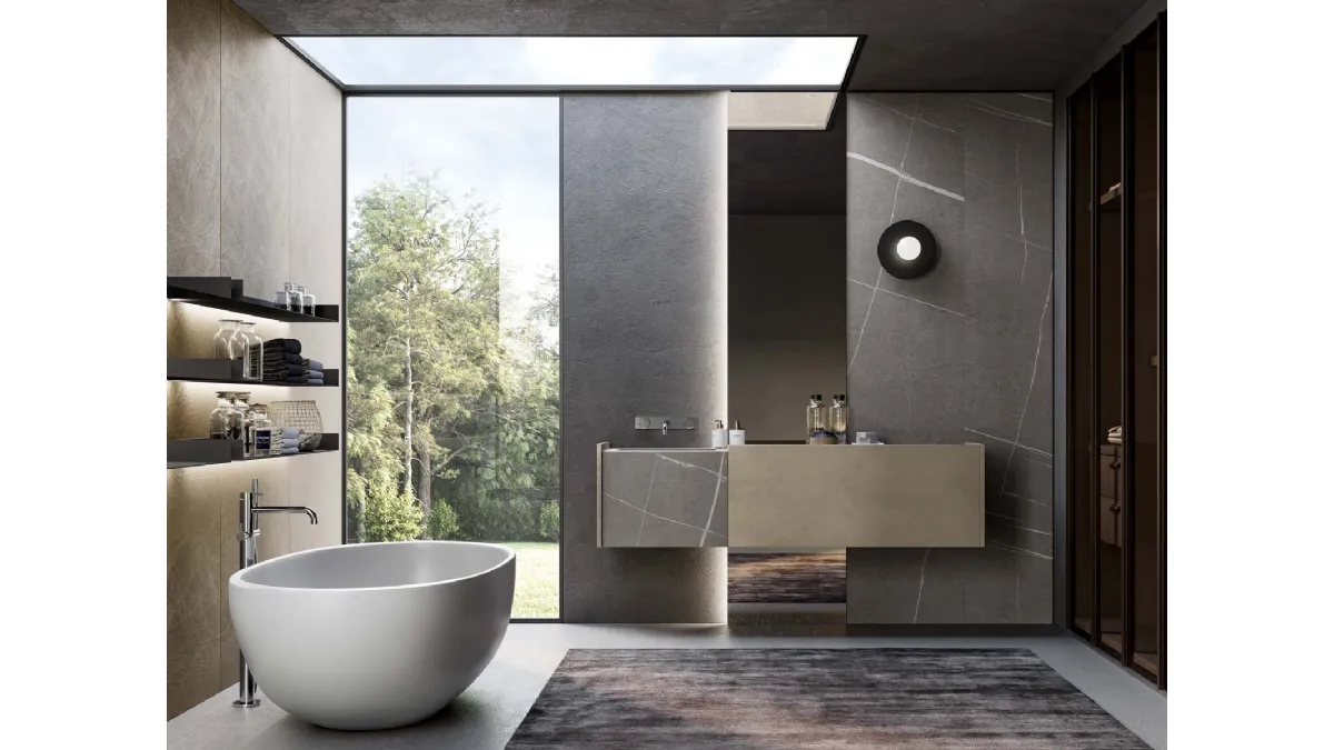 Mobile da Bagno sospeso in laccato metallico nichel e gres Senda grigio Major 05 di Birex