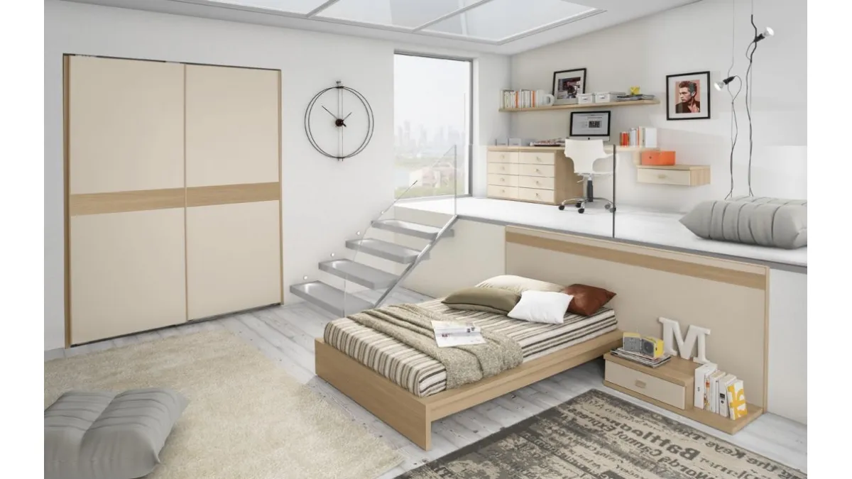 Cameretta con zona studio soppalcata in laccato e melaminico Idea 105 di Corazzin