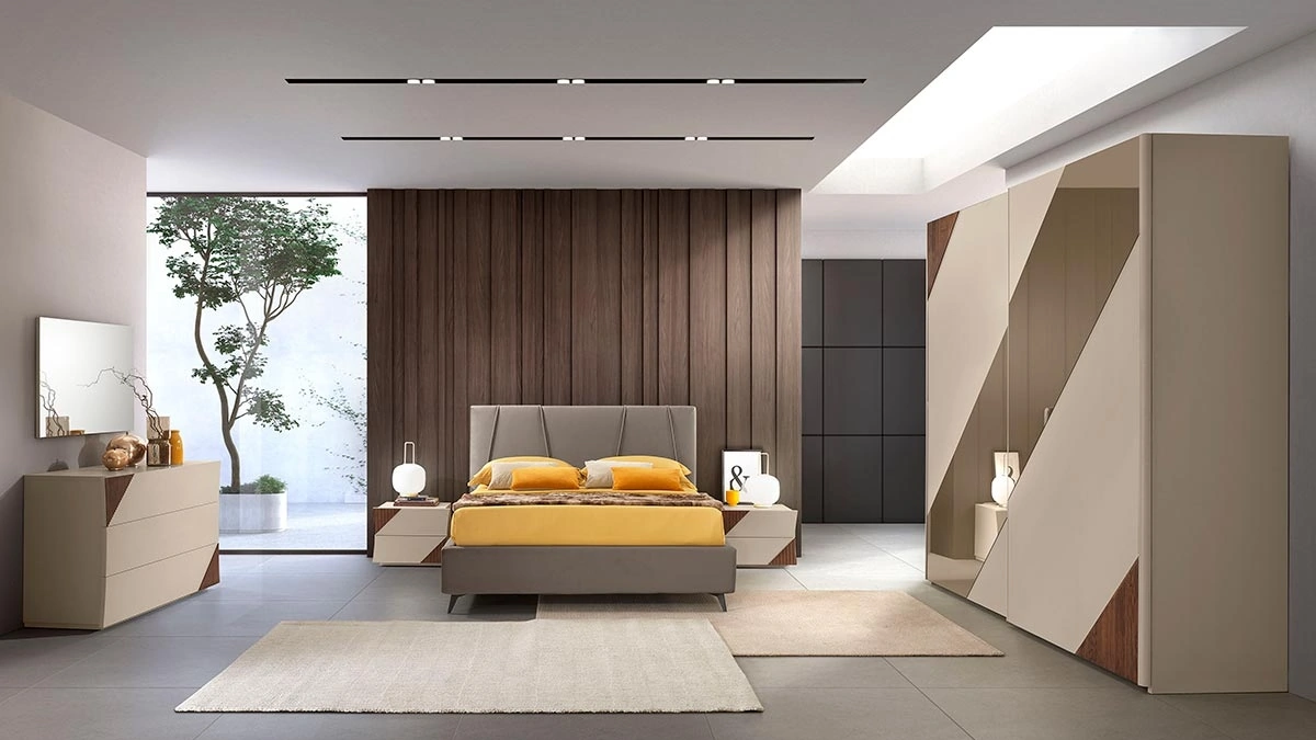 Gruppo Notte Linda Cachemire in laccato con inserti in legno di Mobil Più