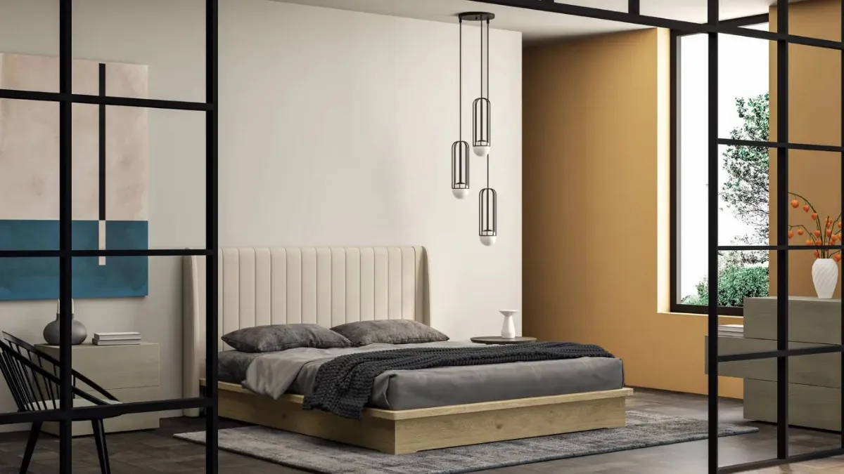 Letto Essential in legno di rovere con testiera in tessuto imbottito di Fratelli Mirandola