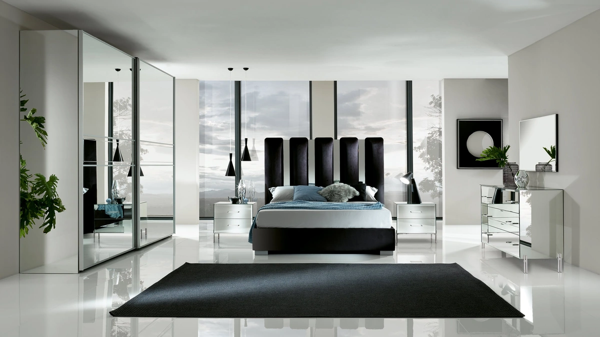 Letto imbottito Fantasy Luxury con testiera in velluto e specchio molato di Mobil Più
