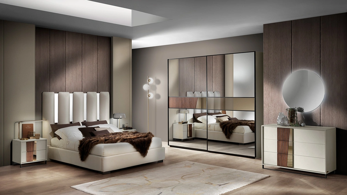 Letto Fantasy Luxury con testiera in ecopelle e specchio molato di Mobil Più