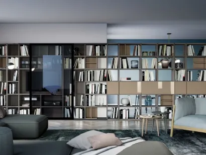 Libreria a muro e divisoria Logic Collection 03 in rovere fumo, laccato lucido e vetro grigio trasparente di Morassutti