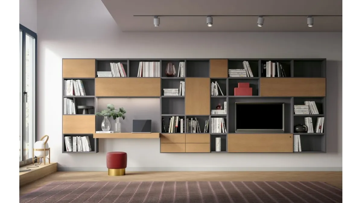 Libreria sospesa Logic Collection 12 in rovere avana elaccato opaco ardesia di Morassutti