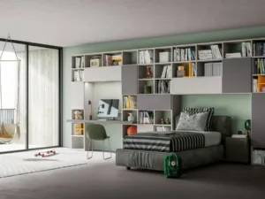 Libreria a ponte Logic Collection 13 in laccato grigio e canapa opaco di Morassutti