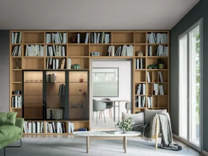 Libreria su misura Logic Collection 14 in rovere avana con ante in laccato ardesia opaco e vetro grigio trasparente di Morassutti