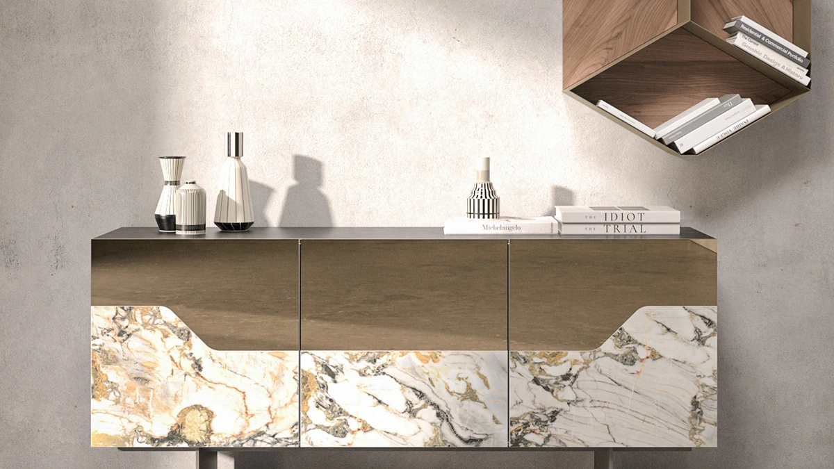 Madia Canova in legno laccato nero con ante rivestite in vetro bronzo e gres porcellanato di Tonin Casa