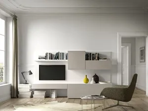 Parete Attrezzata Live 07 NEUTRAL COLOURS in ecomalta grigio pietra e laccato bianco opaco di Morassutti