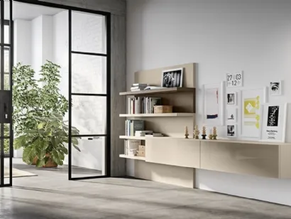 Parete Attrezzata Live 10 BE GLOSSY in vetro visone lucido, laccato opaco visone e grigio tortora di Morassutti