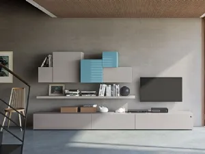 Parete Attrezzata Live 15 URBAN in rovere spazzolato laccato perla, laccato perla opaco e laccato cielo lucido di Morassutti