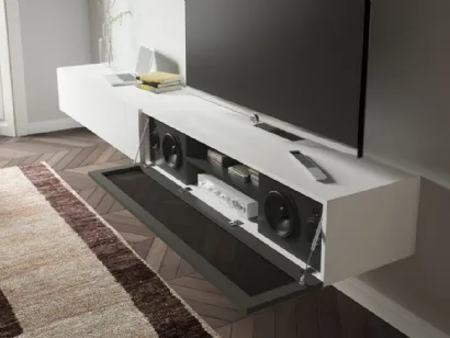 Parete Attrezzata sospesa Live 17 DECOR in laccato opaco bianco e nero e tessuto acustico nero di Morassutti