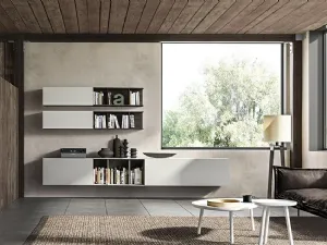 Parete Attrezzata sospesa Live 19 RETRO STYLE in laccato nuvola opaco e rovere affumicato di Morassutti