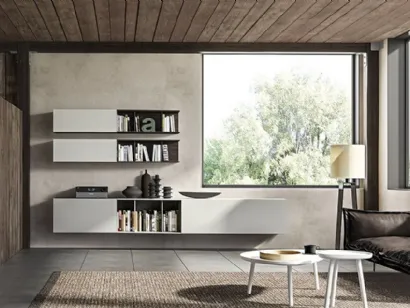 Parete Attrezzata sospesa Live 19 RETRO STYLE in laccato nuvola opaco e rovere affumicato di Morassutti