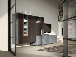 Parete Attrezzata Live 20 FEEL YANG in rovere affumicato e laccato grigio opaco di Morassutti