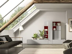 Parete Attrezzata Live 23 GREY & WOOD in laccato opaco sabbia e rosso cina e rovere naturale di Morassutti