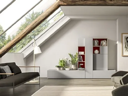 Parete Attrezzata Live 23 GREY & WOOD in laccato opaco sabbia e rosso cina e rovere naturale di Morassutti