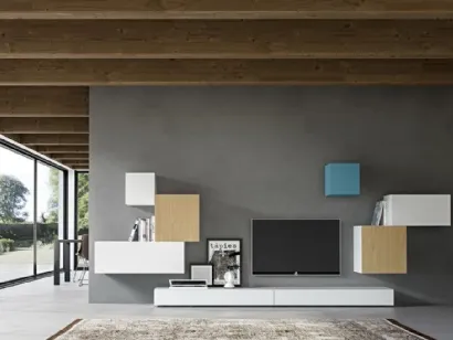 Parete Attrezzata Live 24 NEUTRAL COLOURS in laccato opaco bianco e cielo e rovere naturale di Morassutti