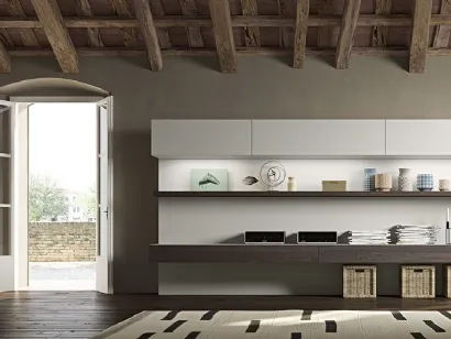 Parete Attrezzata Live 26 LIGHT in rovere affumicato e laccato canapa opaco di Morassutti