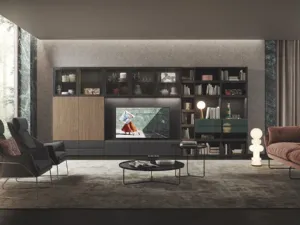 Parete Attrezzata Live & Logic Systems 02 in rovere carbone e avana, laccato verde muschio lucido e vetro grigio trasparente di Morassutti