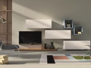 Parete attrezzata Unikawood 07 in legno laccato bianco invecchiato, azzurro e abete medio di Fratelli Mirandola