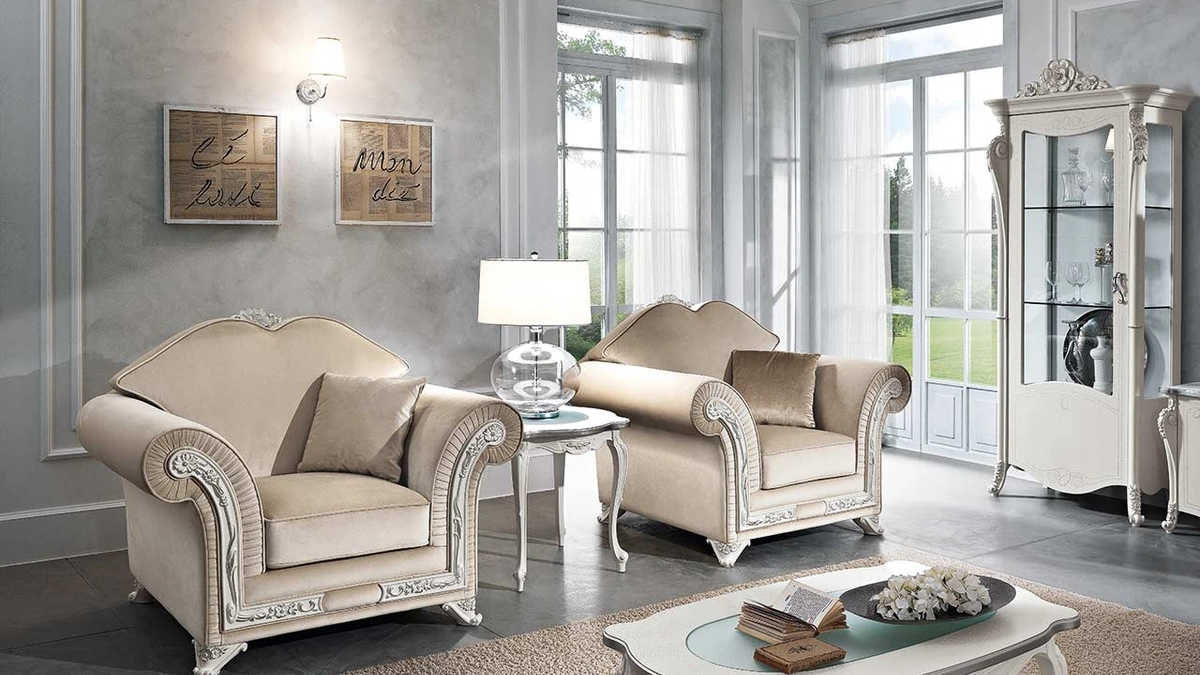 Poltrona in tessuto con particolari in legno intarsiato Viola di Mobil Più