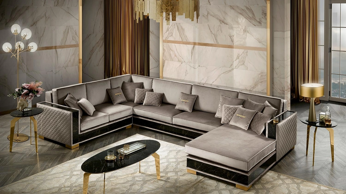 Divano angolare con penisola in tessuto con inserti in vetro effetto marmo Incanto di Mobil Più