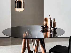 Tavolo Lambda con top in vetro e base in legno di Sovet