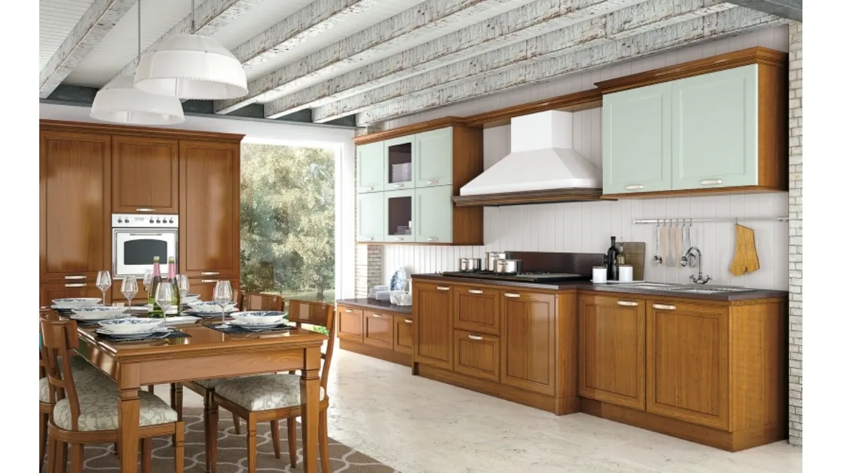 Cucina Classica lineare bicolore in legno naturale e laccato bianco I Ciliegi composizione 5 di Le Fablier