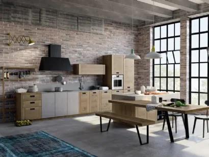 Cucina Moderna lineare Convivium 02 in legno di rovere con elemento in finitura cemento di Fratelli Mirandola