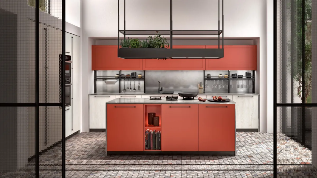 Cucina Moderna con isola Infinity 06 in laccato e pembroke rovere bianco di Mobilegno