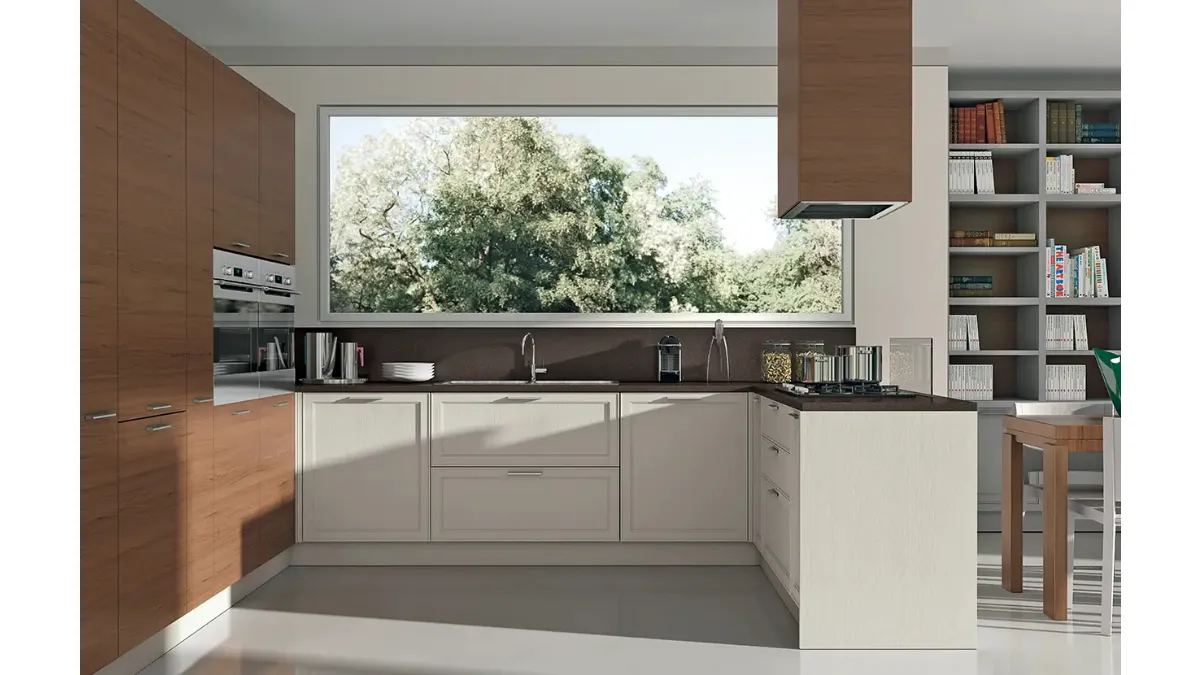 Cucina Moderna con penisola bicolore in laccato bianco opaco e legno naturale Melograno composizione 5 di Le Fablier