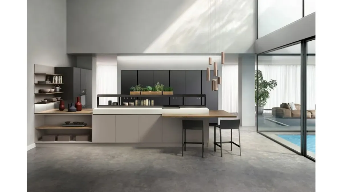 Cucina Moderna con penisola Kira e Sigma comp 06 in Grigio Minerale di Lyons Cucine