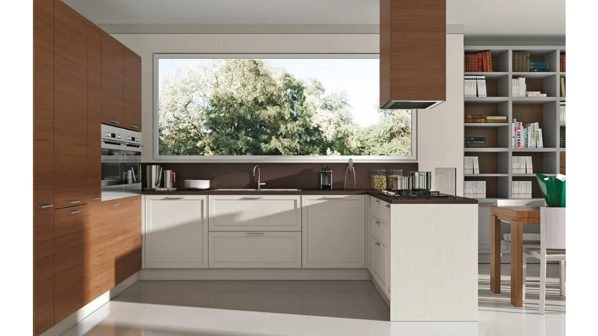 Cucina Moderna angolare bicolore in laccato bianco opaco e legno naturale Melograno composizione 5 di Le Fablier
