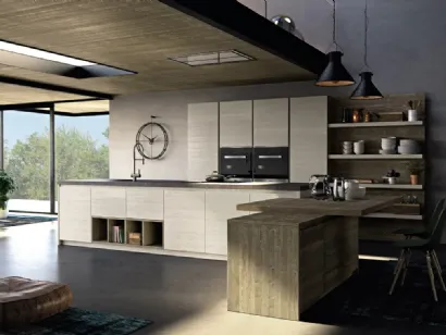 Cucina Moderna in legno di abete grigio con penisola Mood 01 di Fratelli Mirandola