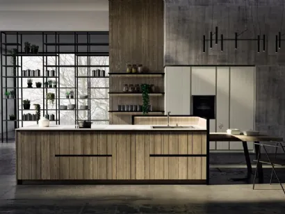 Cucina Moderna lineare con penisola New Step 02 in legno di abete con ante dogate di Fratelli Mirandola