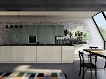 Cucina Moderna lineare New Step 04 con doghe e venature verticali realizzata in abete massello spazzolato a tre strati e laccato opaco liscio di Fratelli Mirandola