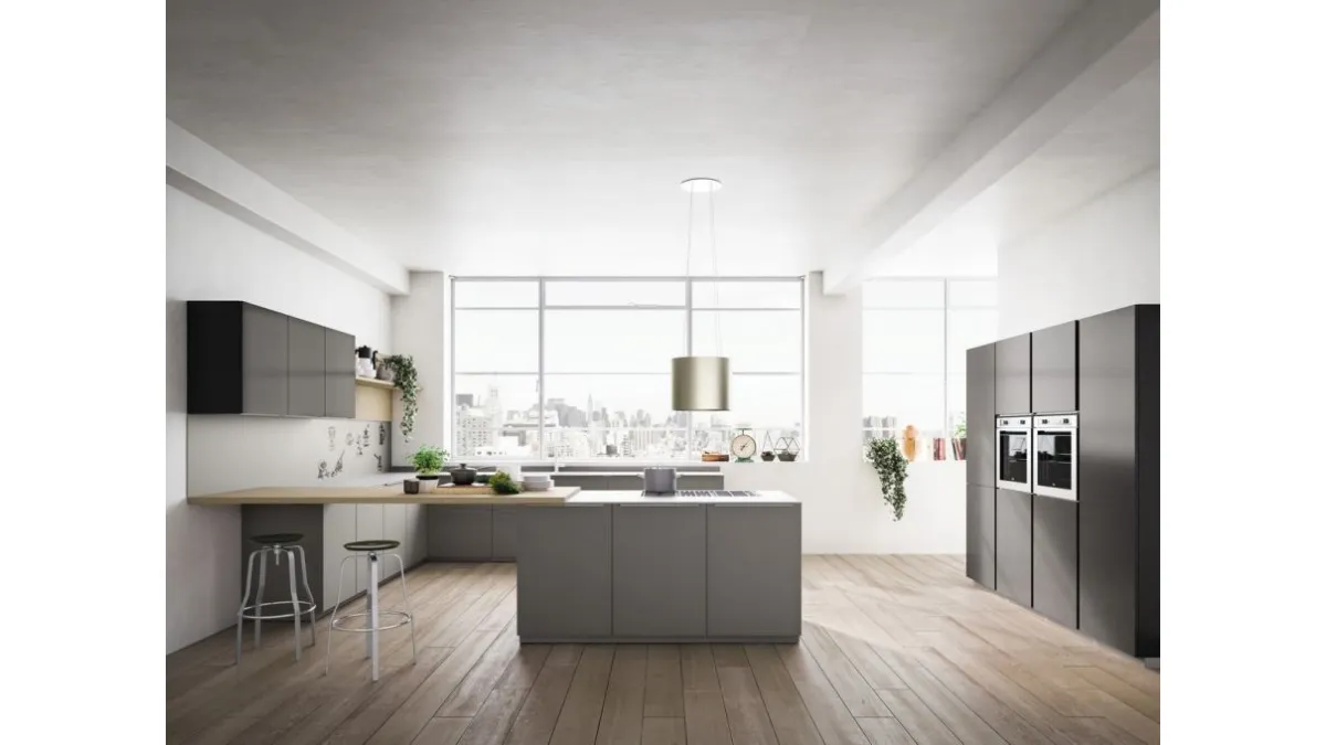 Cucina Moderna Urban comp 10 con ante basi in Vetro Tortora satinato di Lyons Cucine
