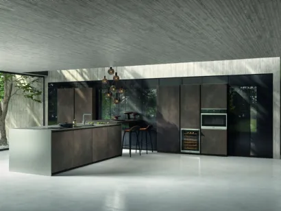 Cucina Moderna in Gres Ossido Bruno con penisola Vertigo Brutalist Mood di Lyons Cucine