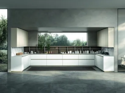 Cucina Moderna angolare in vetro satinato Bianco Vertigo Rationalist Mood di Lyons Cucine