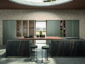 Cucina Moderna in vetro satinato laccato con isola in Gres Noir Desire Vertigo Tropical Mood di Lyons Cucine